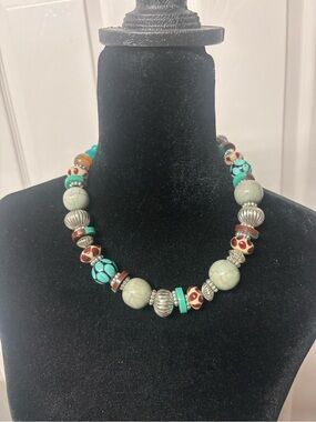 Handcrafted Turquoise and Cream Bead Necklace - Unbranded